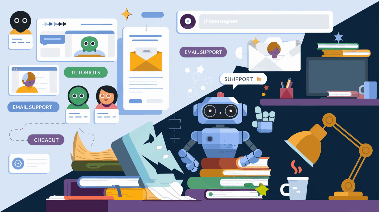 A clean infographic-style image showing an ideal support system for Capcut—chatbots, tutorial videos, FAQs, and email support—contrasting with the current lack of guidance.